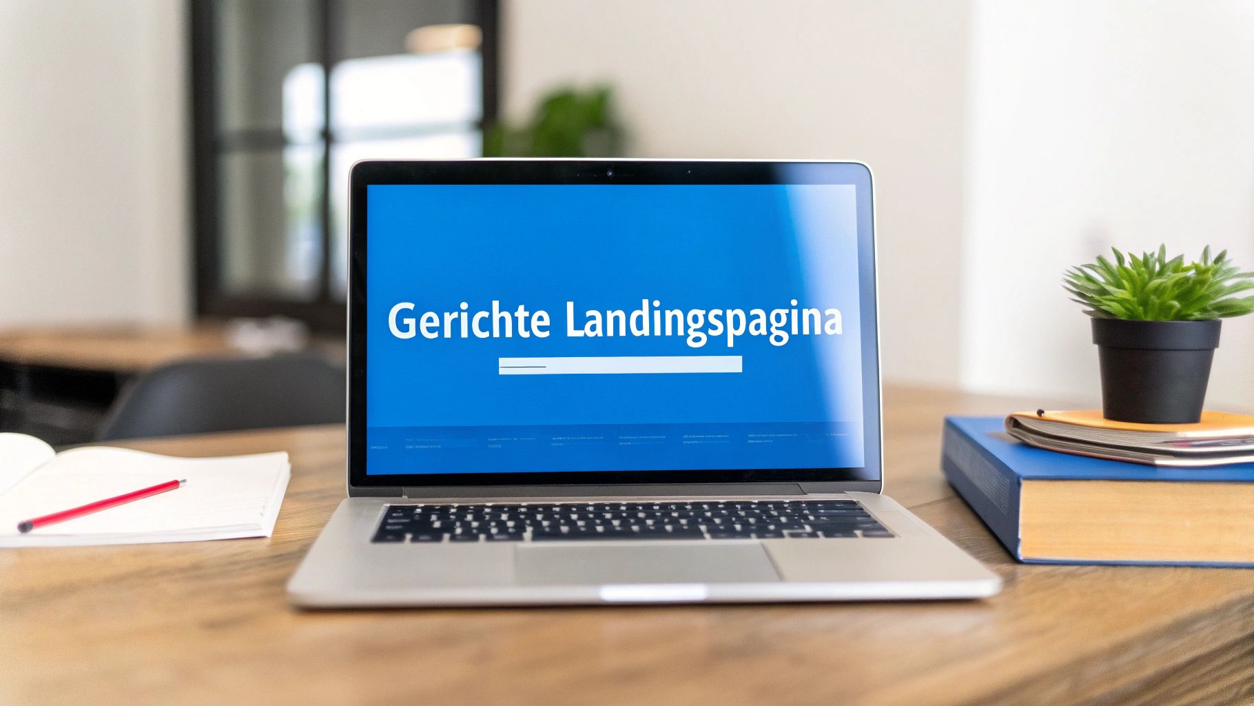 Een laptop toont 'Gerichte Landingspagina' op een houten bureau met kantoorartikelen en plant.