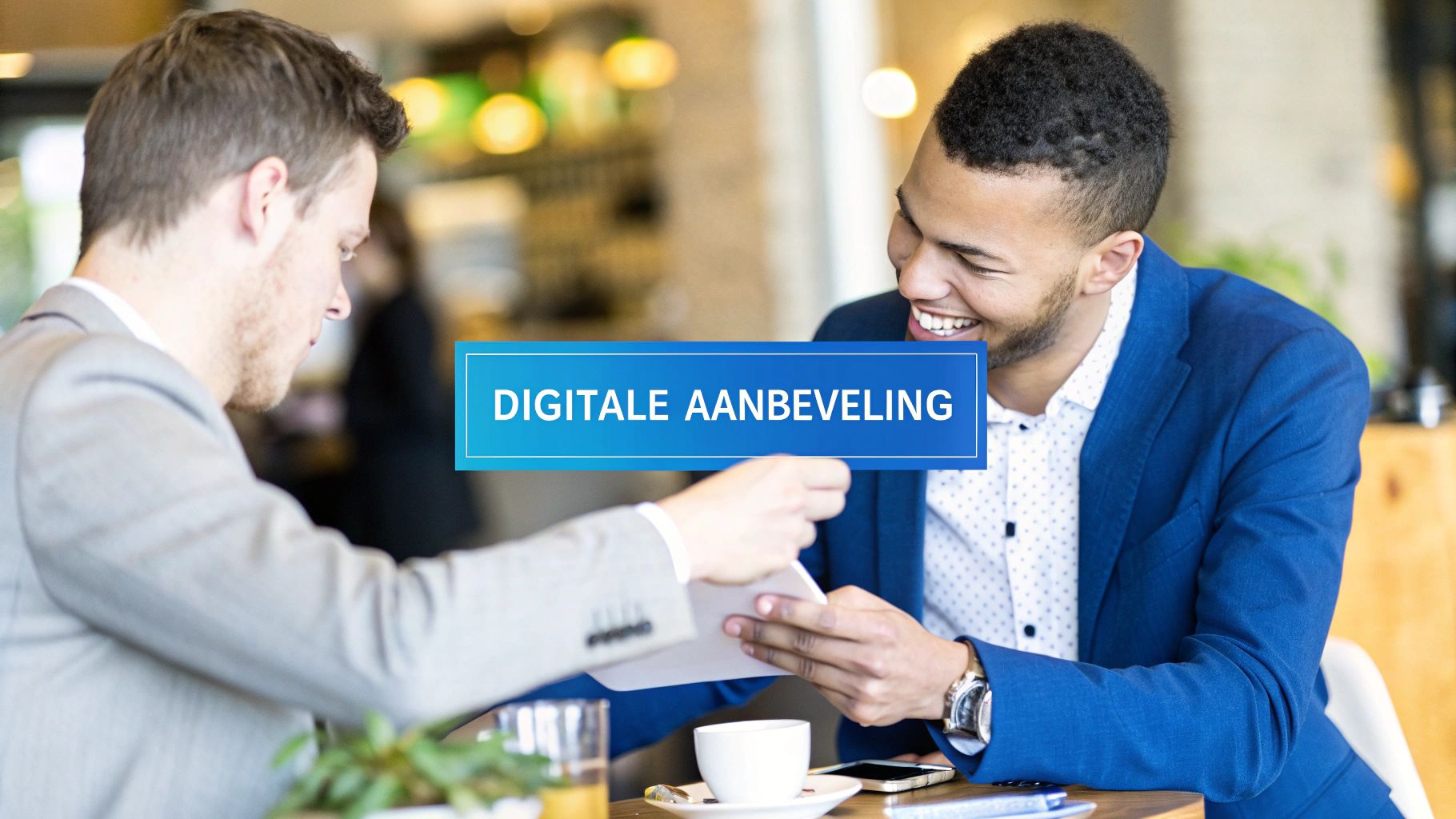 Twee lachende zakenmannen bekijken een digitale aanbeveling op een tablet tijdens een informele vergadering.