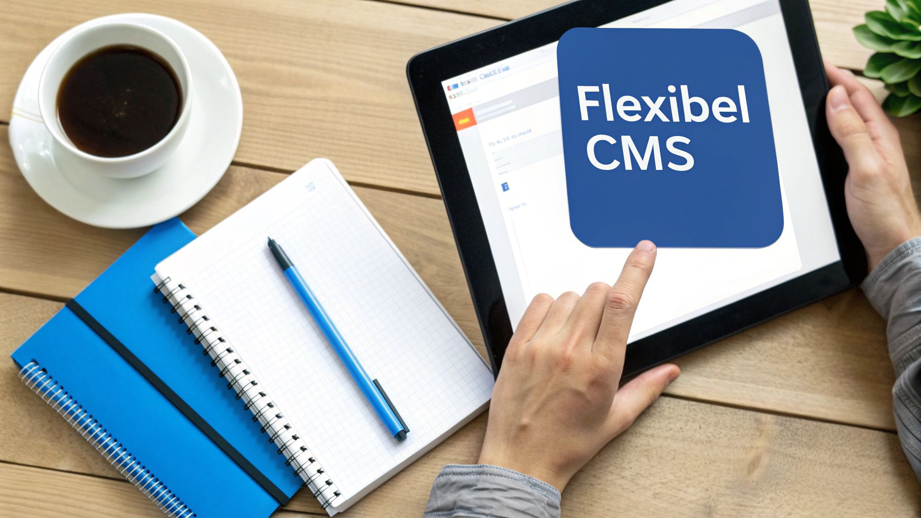 Persoon werkt aan tablet met 'Flexibel CMS' op een houten bureau met koffie en notitieboeken.