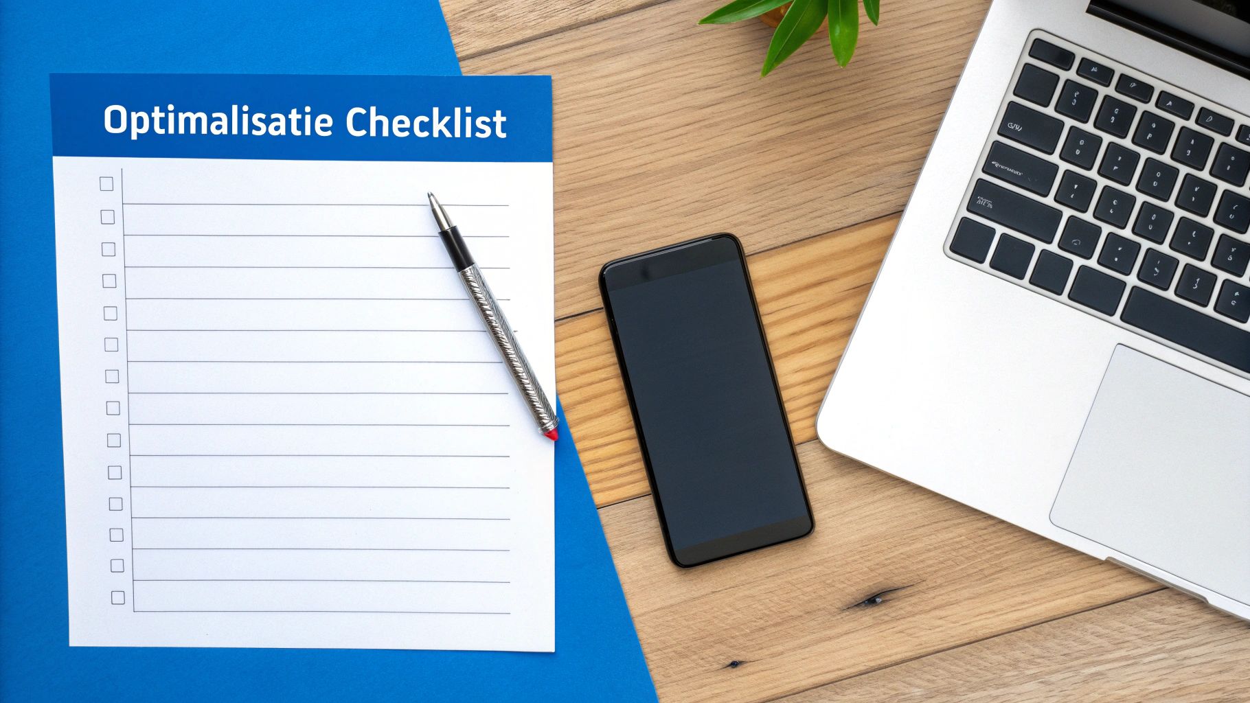 Een flat lay van een optimalisatie checklist op een blauw notitieblok met een pen, smartphone en laptop op een houten bureau.