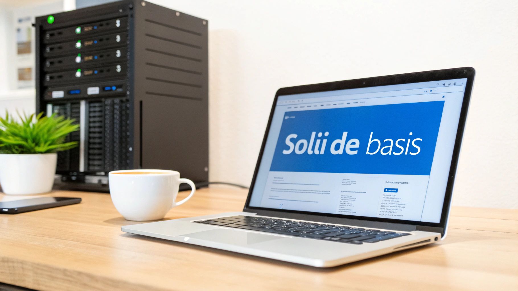 Een laptop met 'Solii de basis' op het scherm, een serverkast, een koffiekopje en plant op een houten bureau.