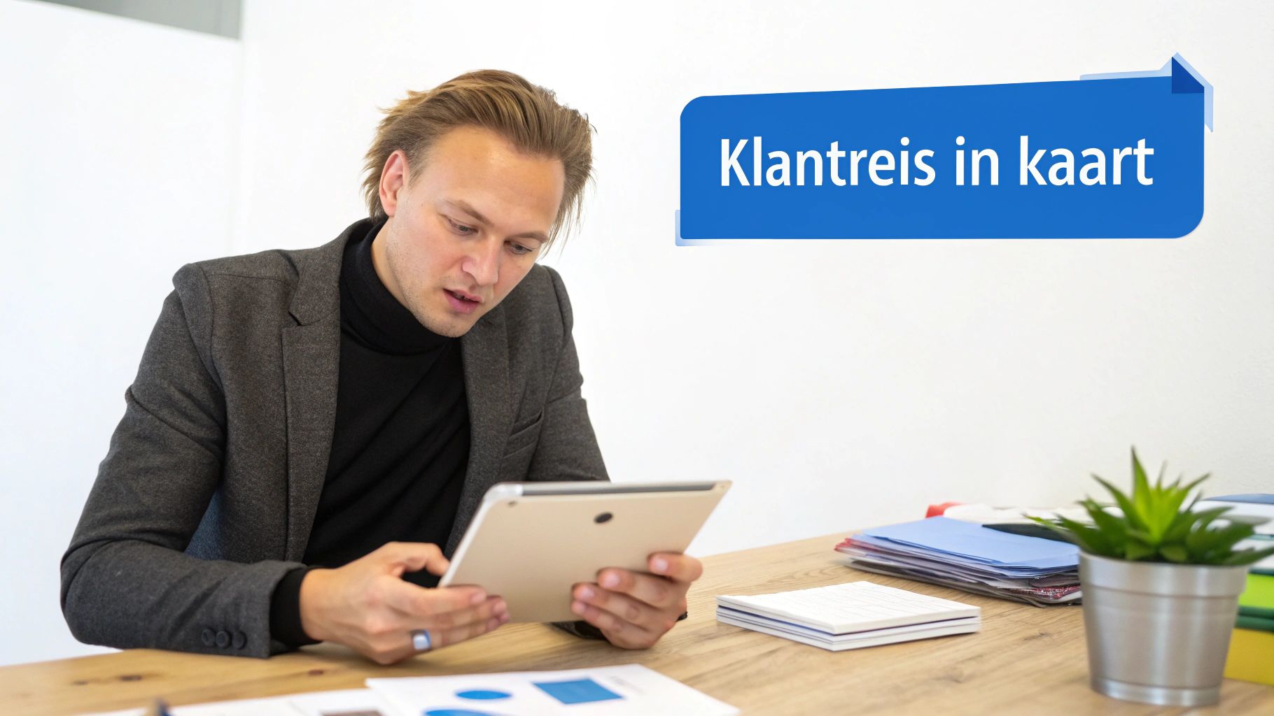 Man analyseert data op tablet, met een blauwe tekstballon 'Klantreis in kaart' op de achtergrond.