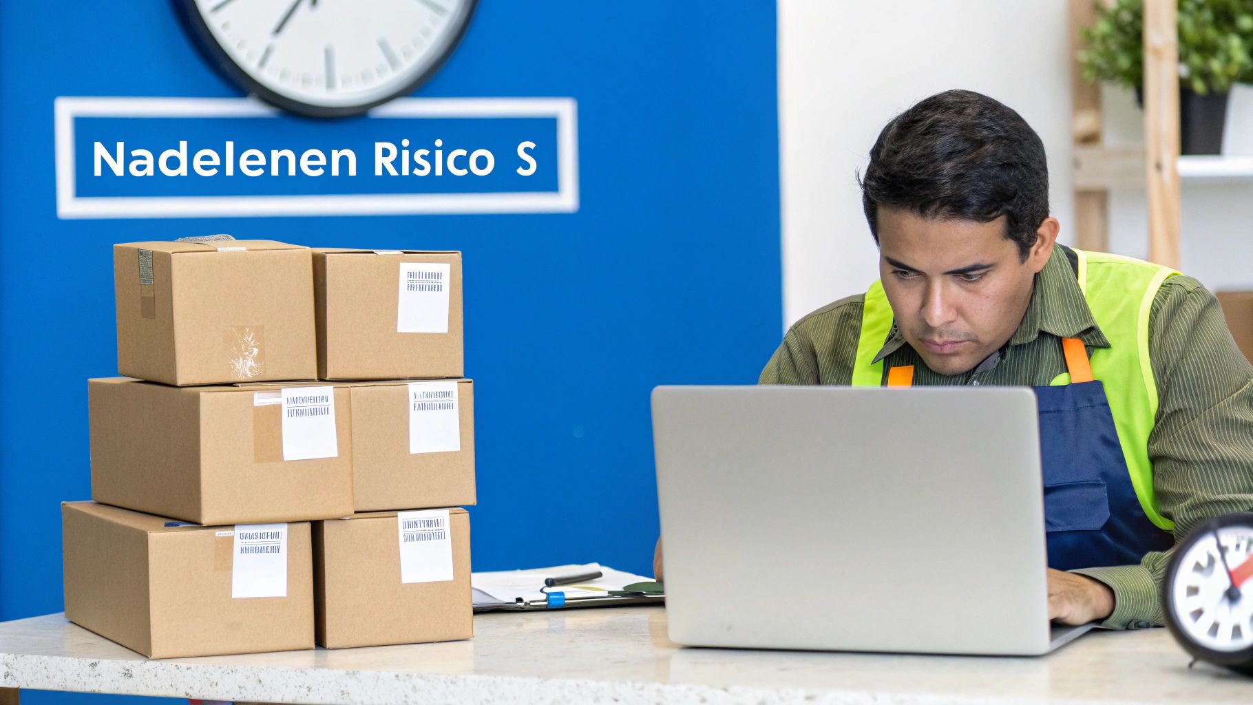 Man in werkvest en schort werkt op laptop, met stapels kartonnen dozen en een bedrijfsbord op de achtergrond.