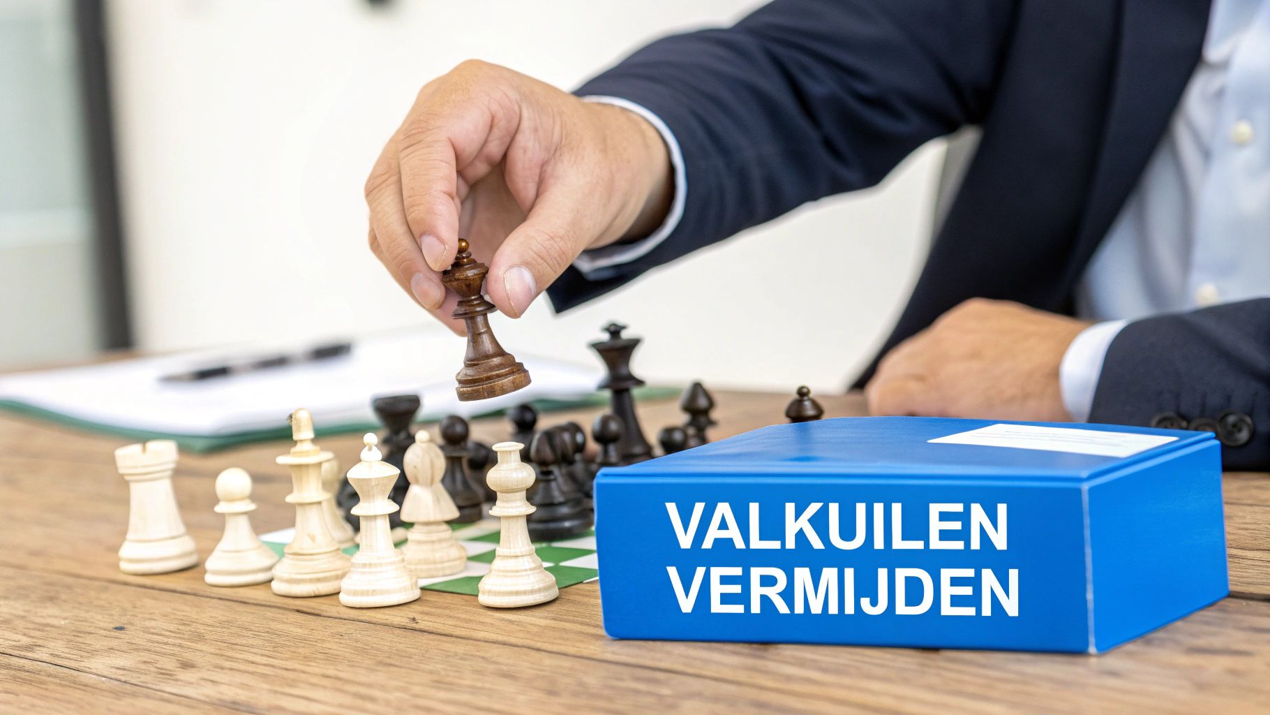 Een hand beweegt een schaakstuk op een bord, naast een doos met de tekst 'Valkuilen Vermijden'.
