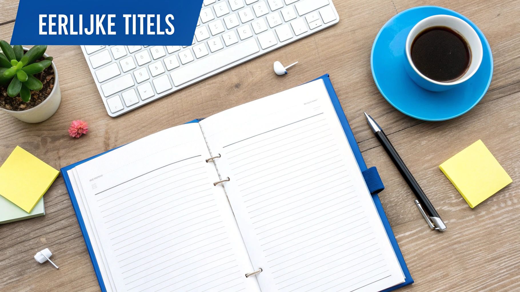 Een bovenaanzicht van een houten bureau met een open notitieboek, toetsenbord, koffie, plantje en de tekst 'EERLIJKE TITELS'.