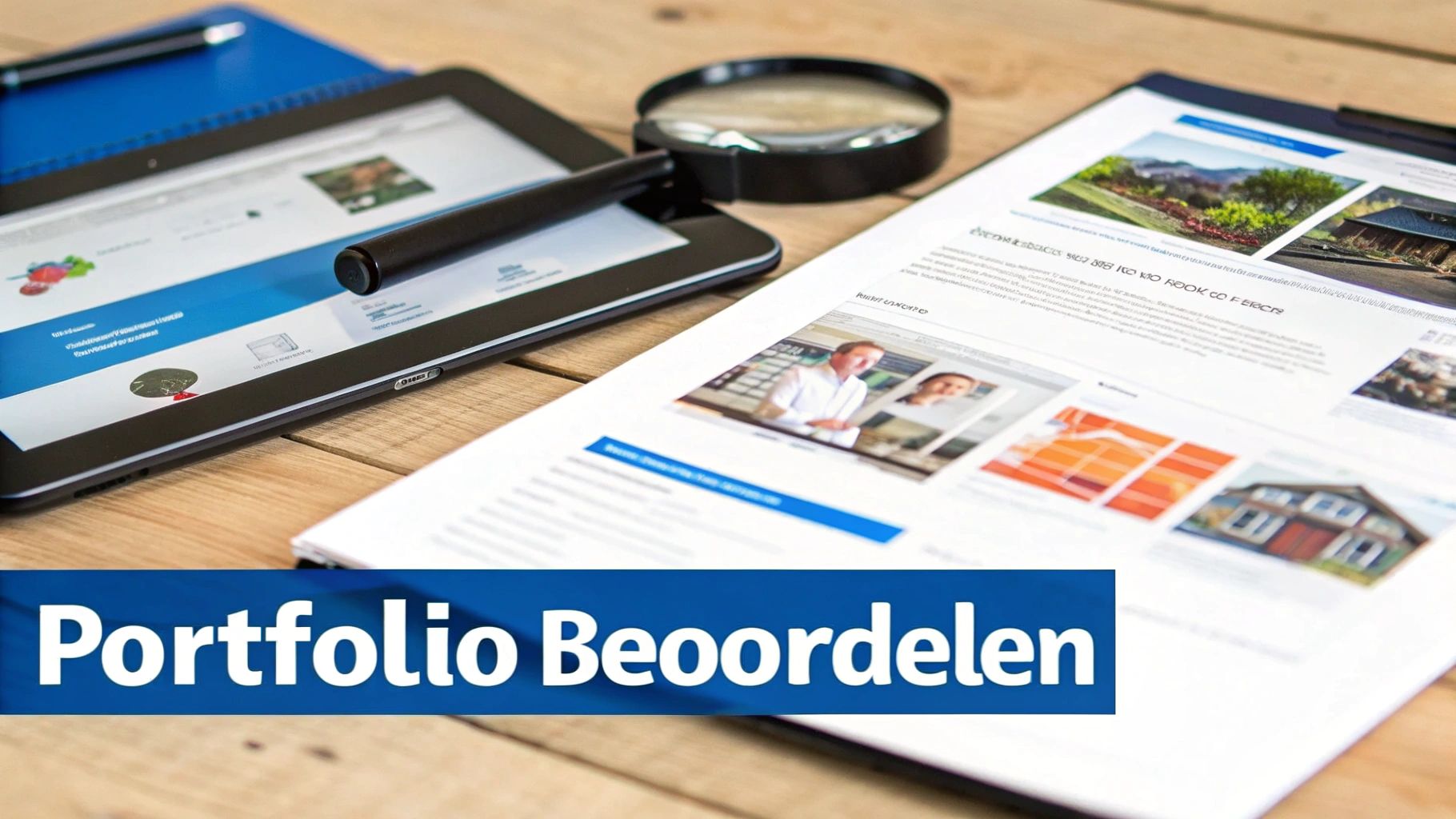 Een werkplek met tablet, documenten, en een vergrootglas, met de tekst 'Portfolio Beoordelen' op de voorgrond.