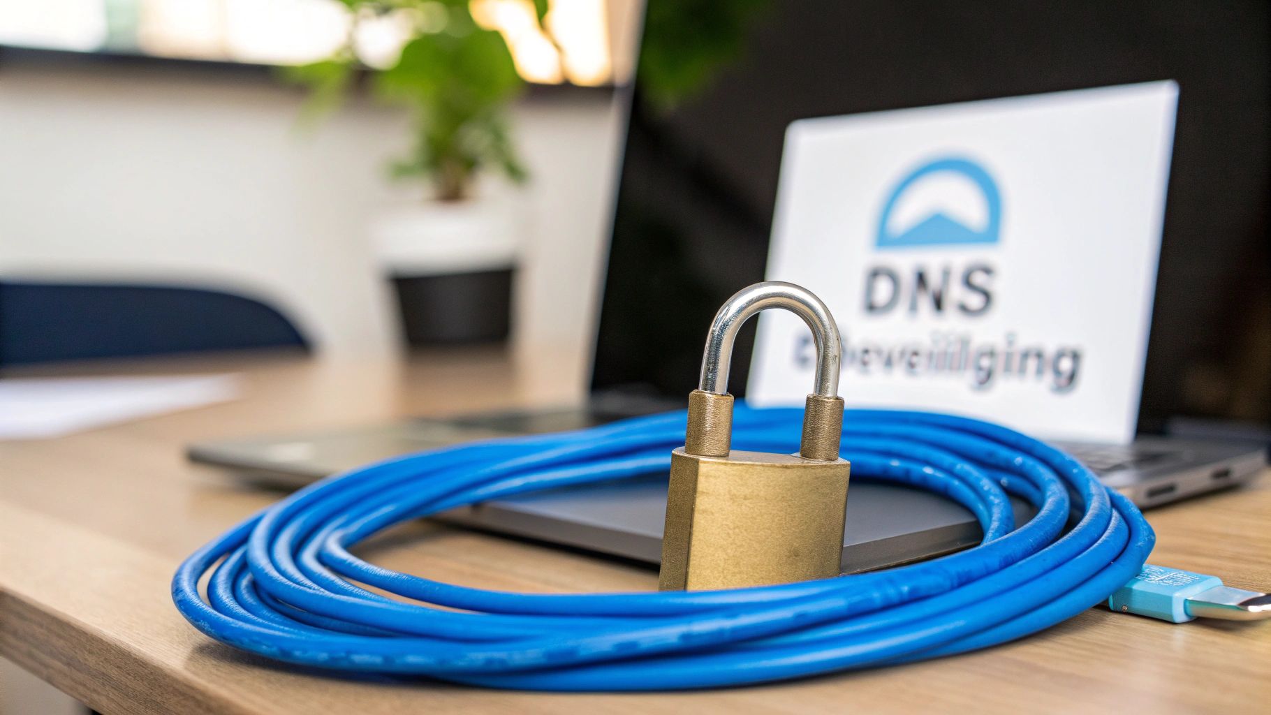 Gouden hangslot, blauwe netwerkkabel en laptop met 'DNS Beveiliging' symboliseren internetveiligheid.