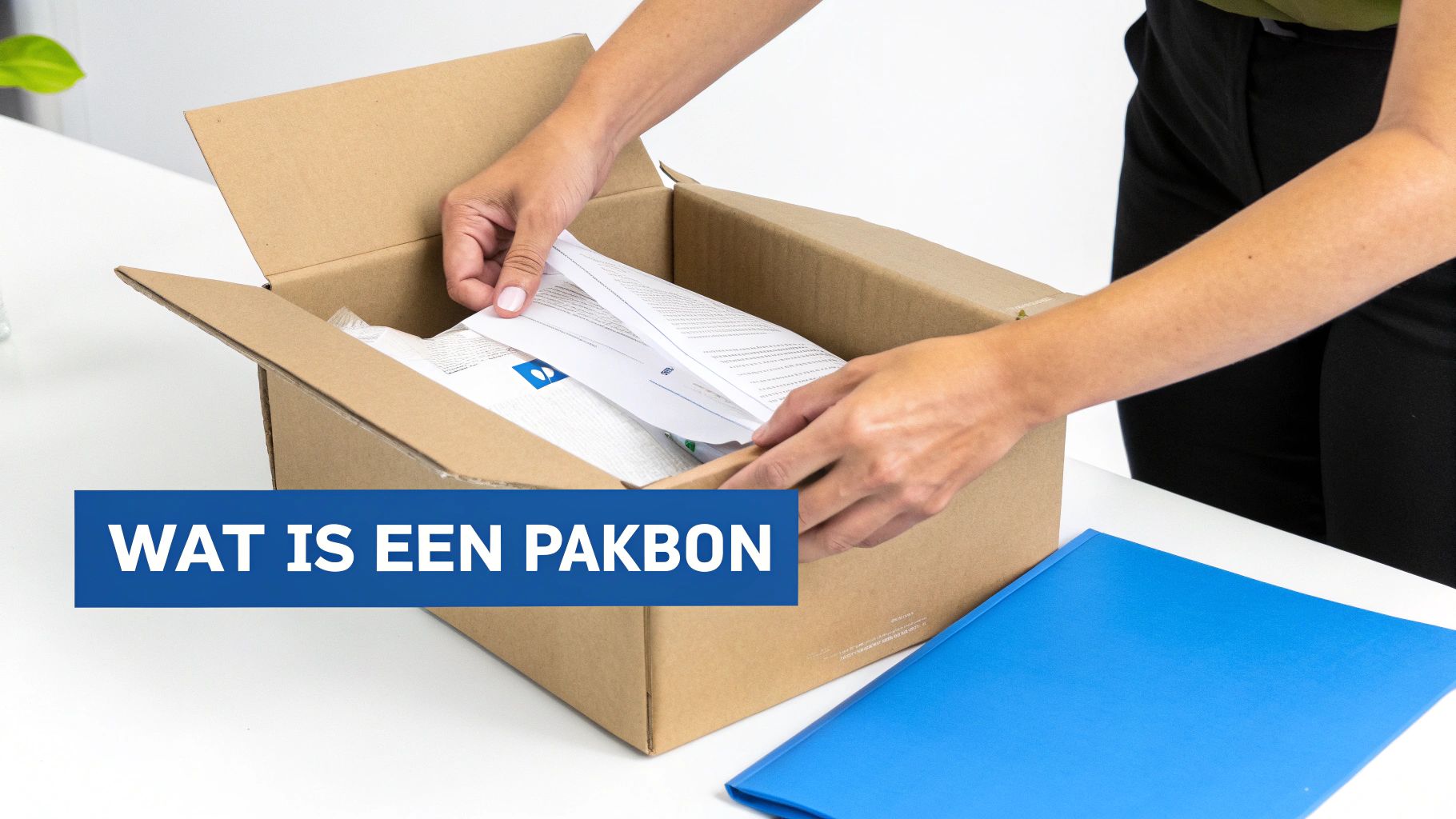 Een persoon vult een kartonnen doos met documenten, terwijl een blauwe map ernaast ligt. Tekst: Wat is een pakbon.