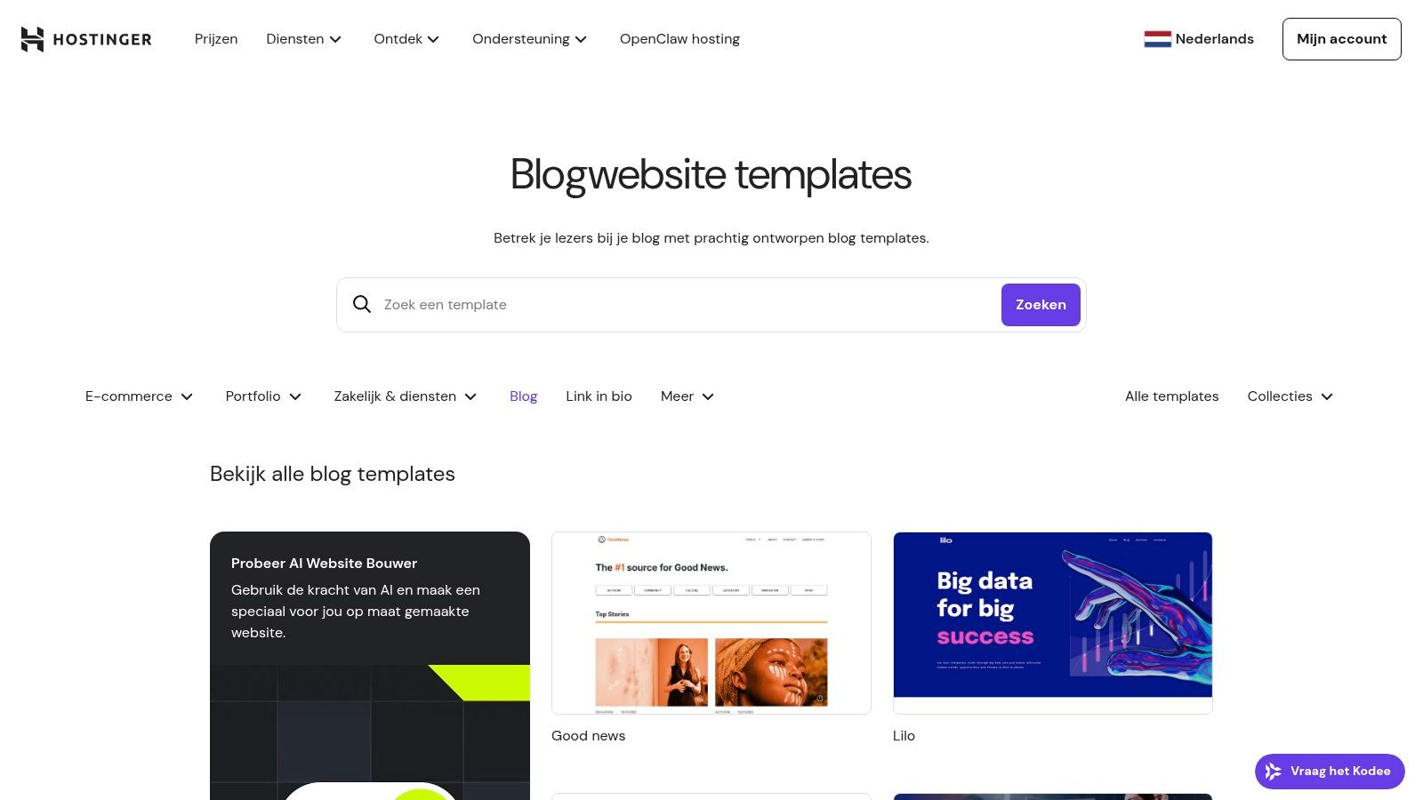 Een voorbeeld van de blogtemplates die beschikbaar zijn in de Hostinger Website Bouwer.