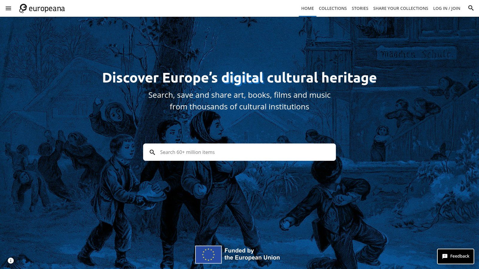 De homepage van Europeana, een portaal voor Europees cultureel erfgoed.