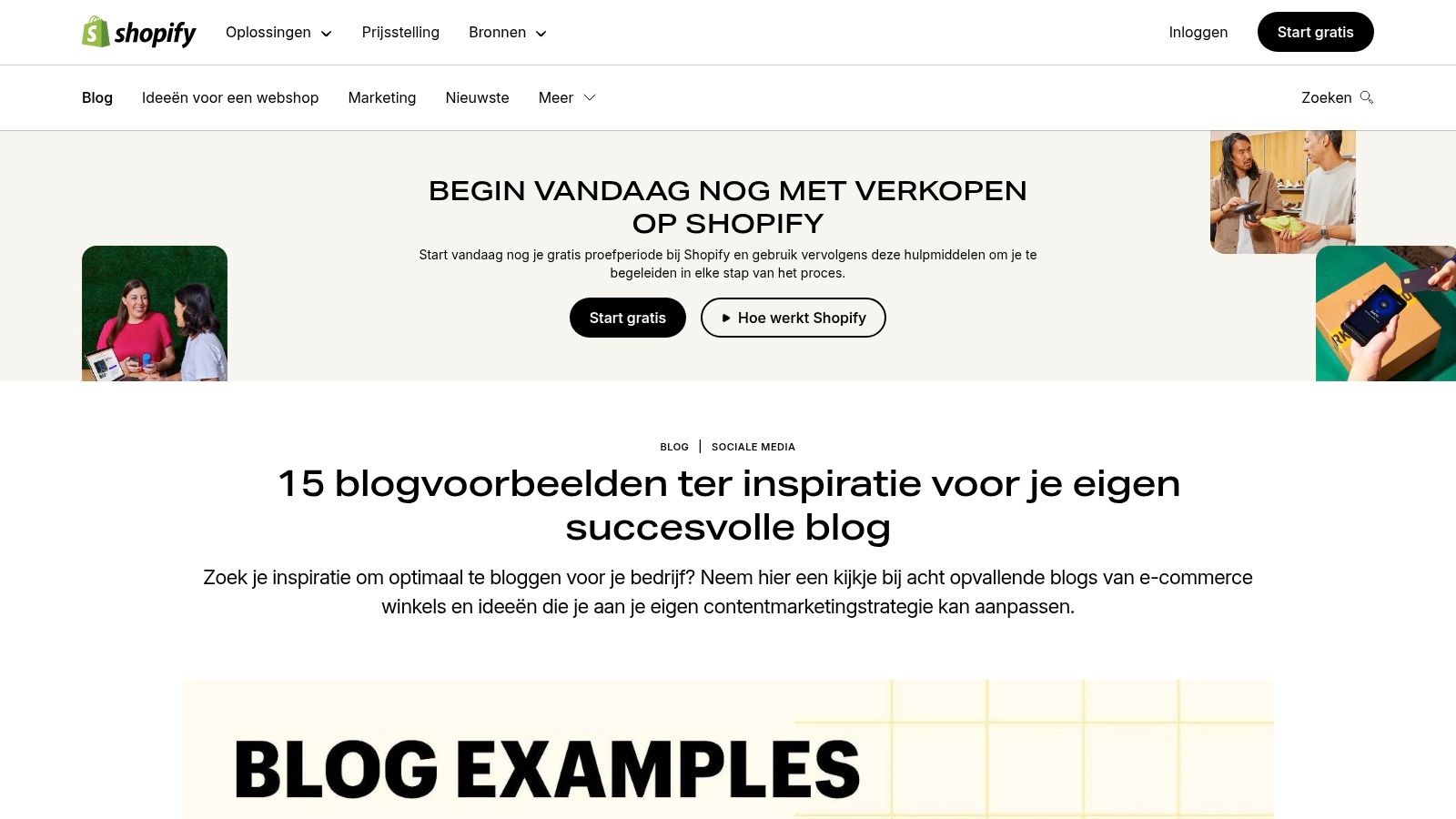 Een overzicht van het inspiratieartikel op de Shopify Nederland blog, met voorbeelden van blogs van succesvolle merken.