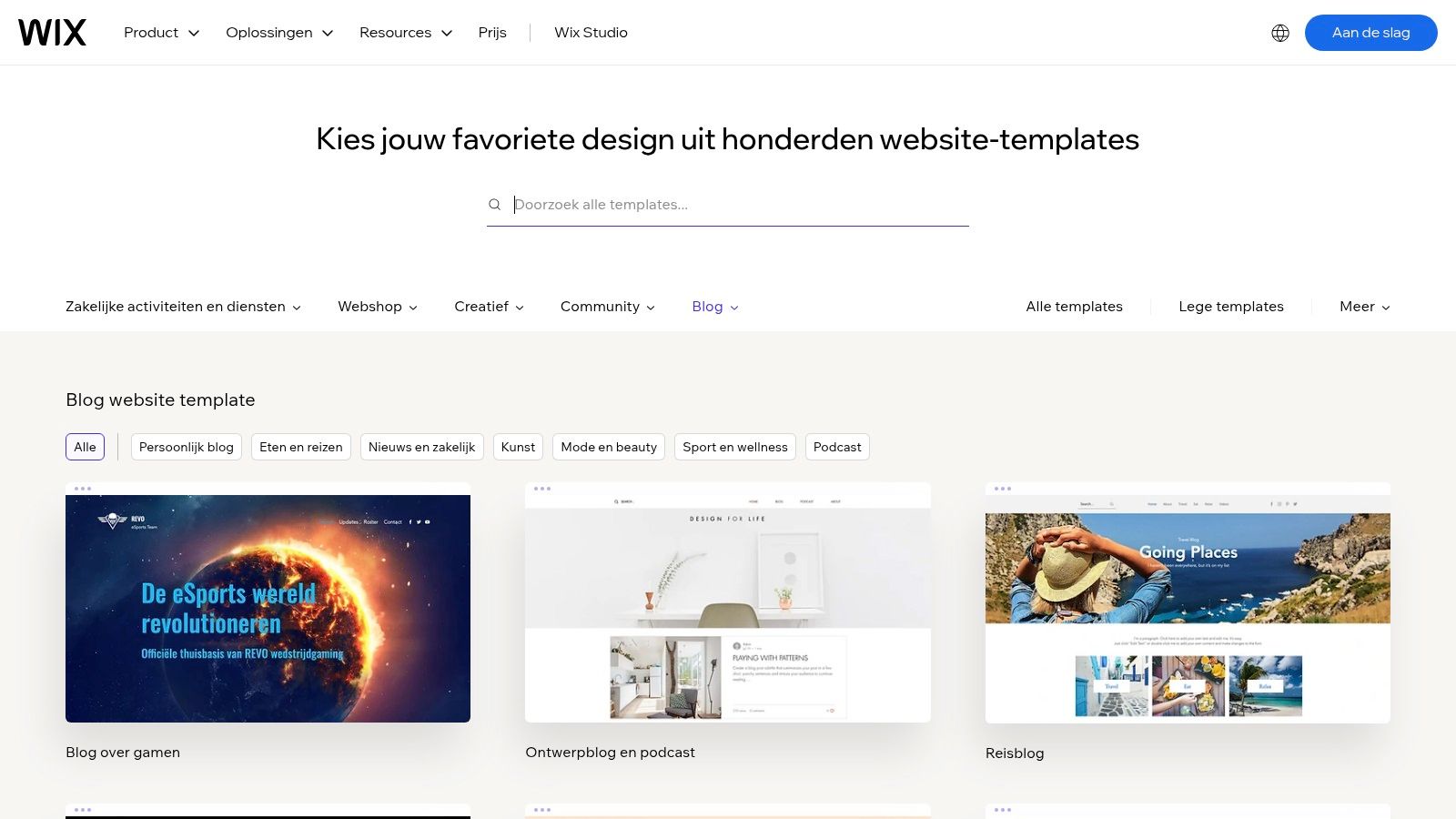 Een overzicht van verschillende blogtemplates aangeboden door Wix, die dienen als voorbeelden van blogs.