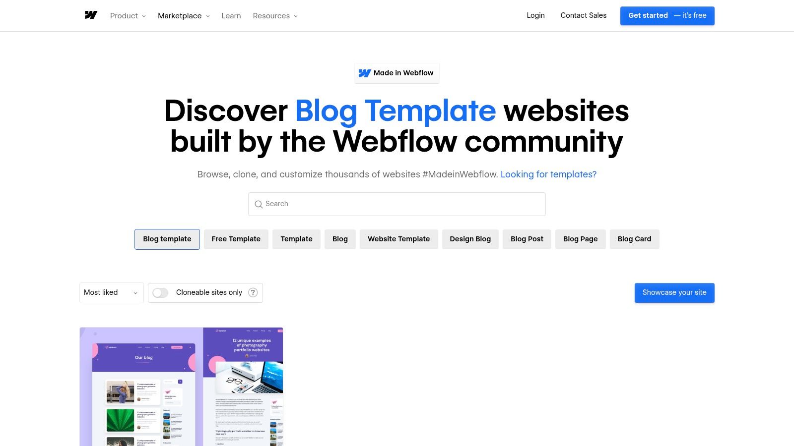 Een overzicht van verschillende moderne blogtemplates aangeboden via Webflow's 'Made in Webflow' showcase.