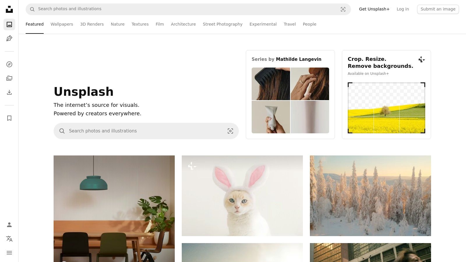 Een voorbeeld van de Unsplash-interface met zoekresultaten voor gratis afbeeldingen