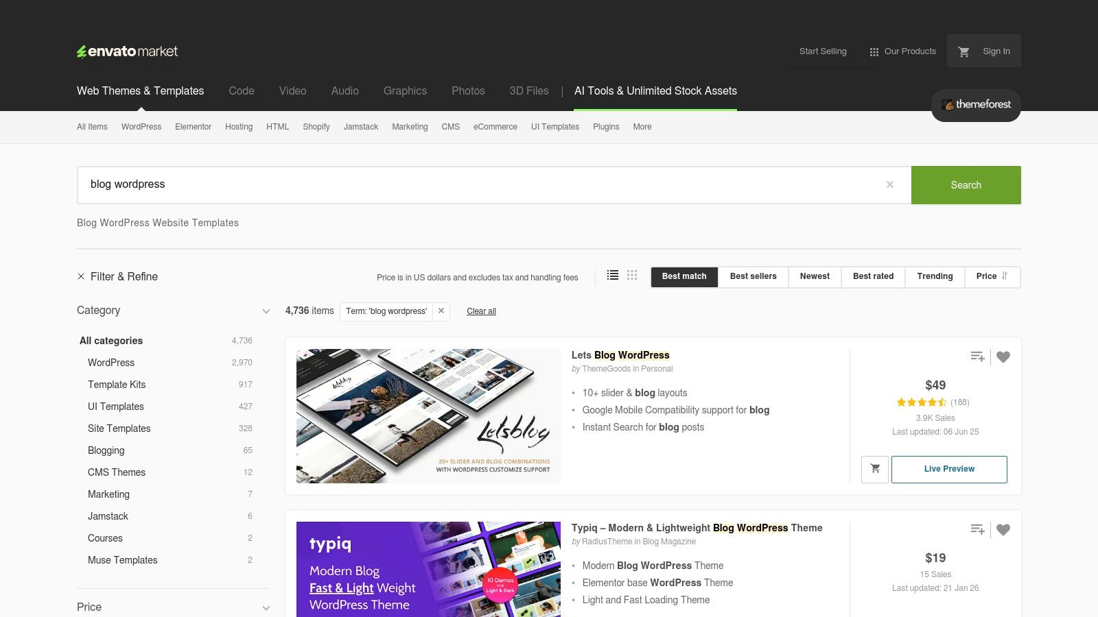 Een weergave van de ThemeForest-marktplaats, waar gebruikers door verschillende blogthema's kunnen bladeren als voorbeelden van blogs.