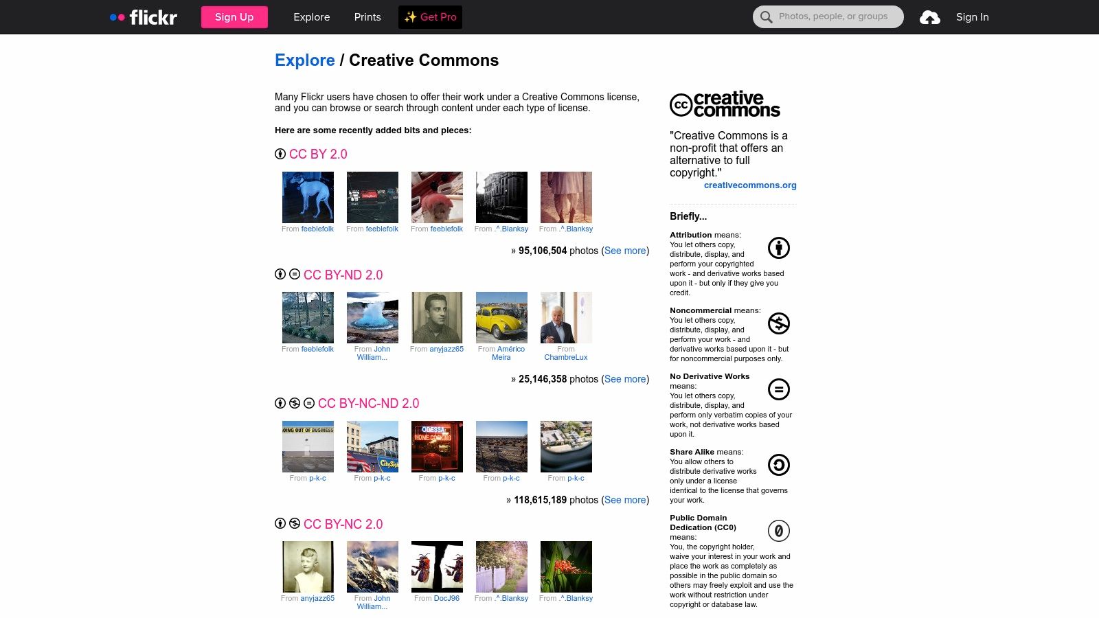 De zoekinterface van Flickr Creative Commons met filters voor gratis afbeeldingen