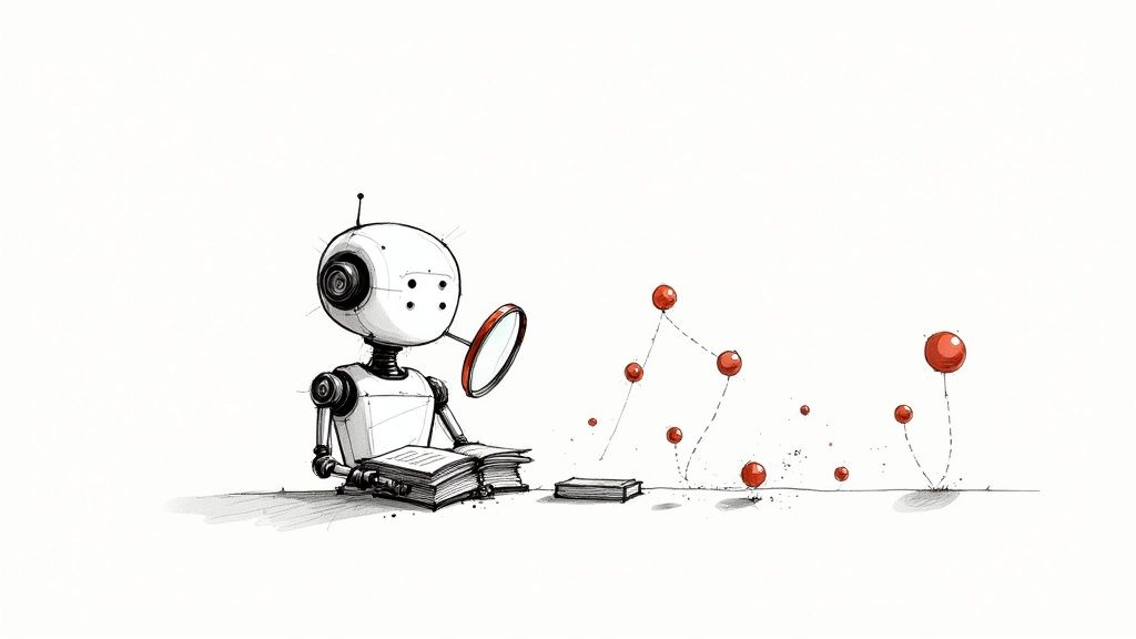 A researcher using a digital tablet to organize and analyze data with AI assistance.