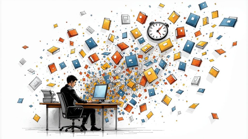 A desk with organized digital files on a computer screen next to a coffee cup and a notebook.