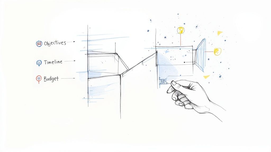 A person at a desk using a laptop and writing in a notebook, symbolizing research planning.