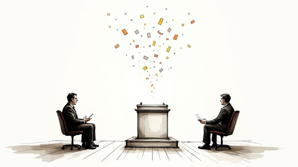 A magnifying glass hovering over a document, symbolizing the scrutiny of the peer review process.