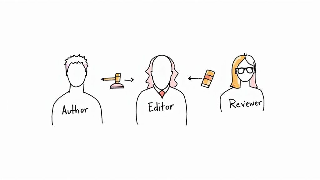 Three distinct figures representing an author, an editor, and a reviewer collaborating around a central document.