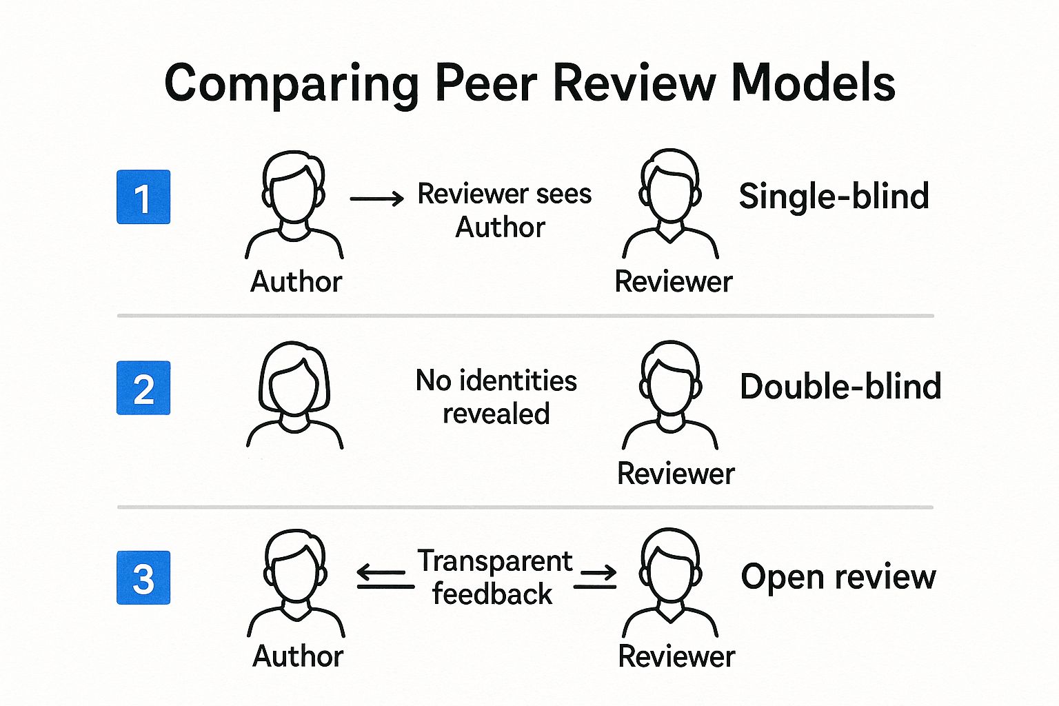 Infographic comparing single-blind, double-blind, and open peer review models.