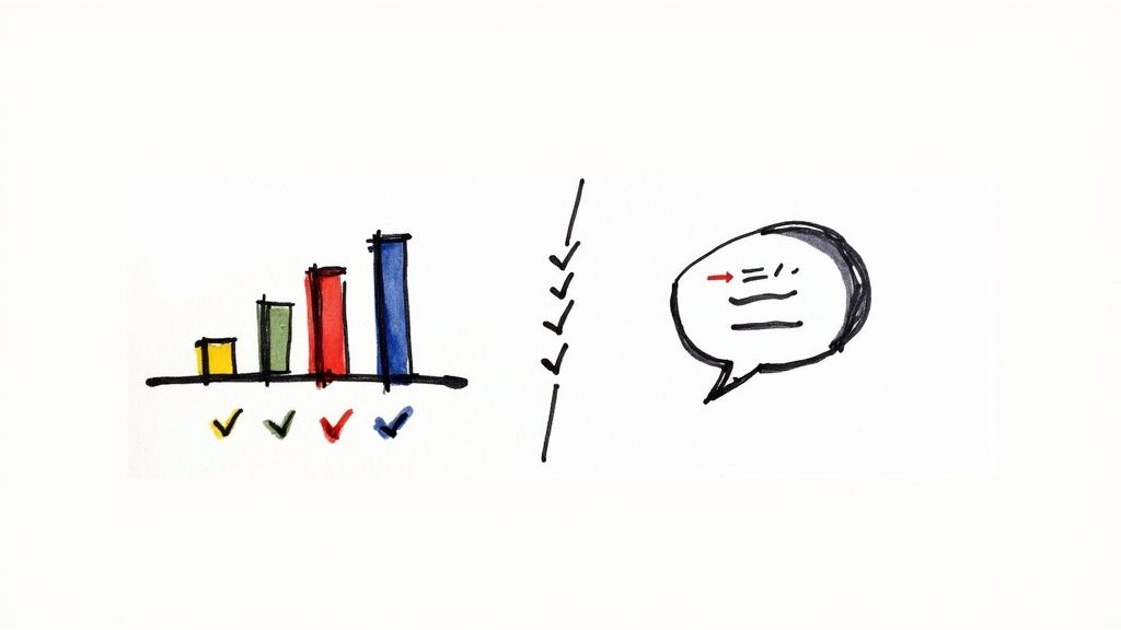 A split image showing numerical data graphs on one side and a person conducting an interview on the other, representing quantitative and qualitative research.