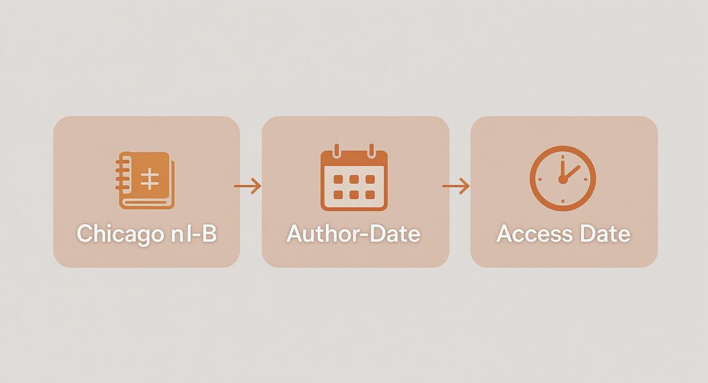 Infographic summarizing key ebook citation elements for Chicago N-B, Author-Date, and the importance of access dates.