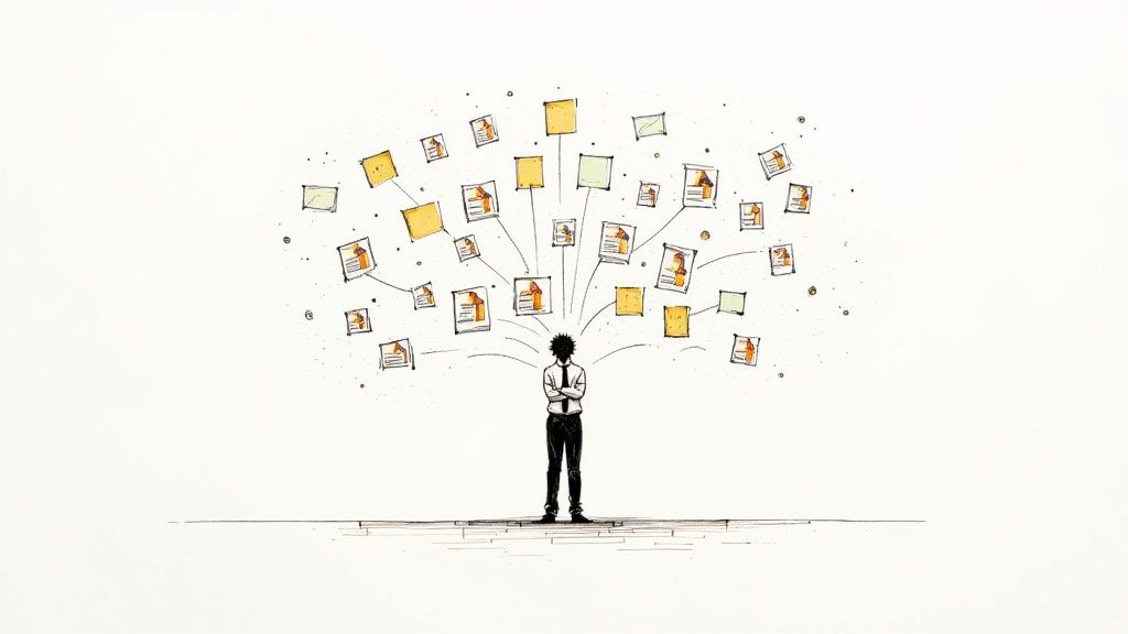 A person looking stressed while surrounded by scattered papers and sticky notes, representing a chaotic research system.