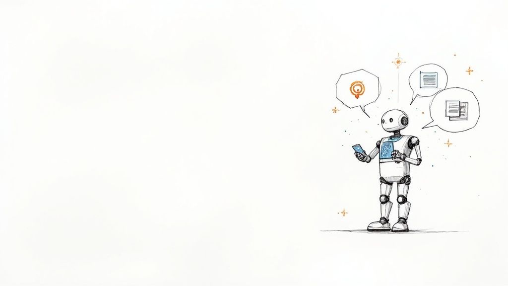 An AI robot and a human researcher collaborating over a digital interface, symbolizing an intelligent research partnership.