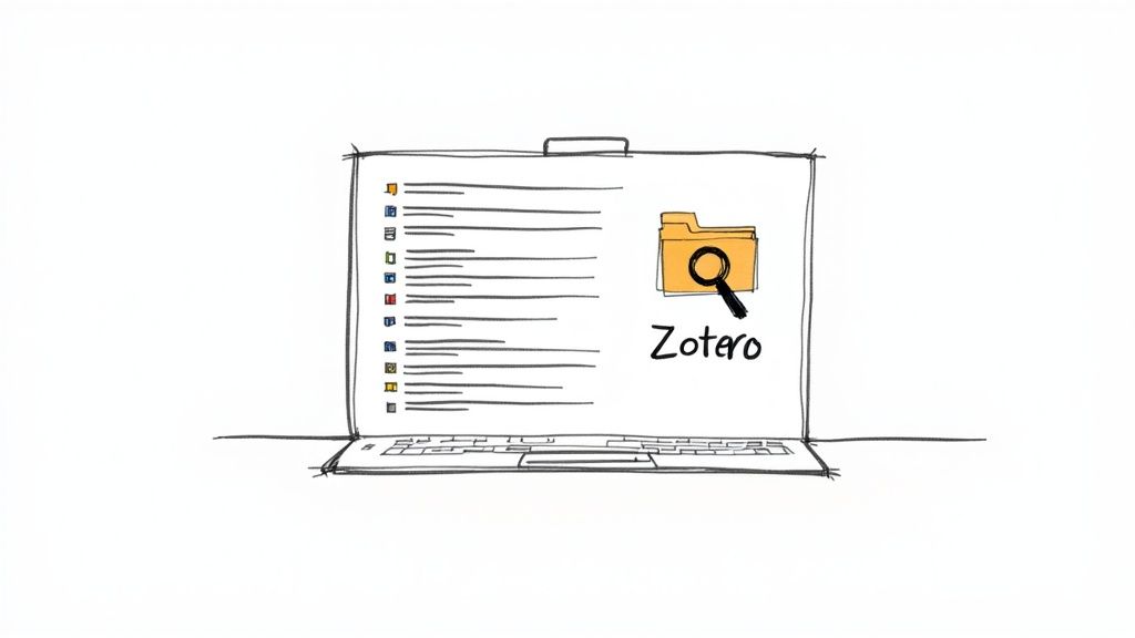 A person using a laptop with icons for citation tools like Zotero and Mendeley floating around it, indicating automated research organization.
