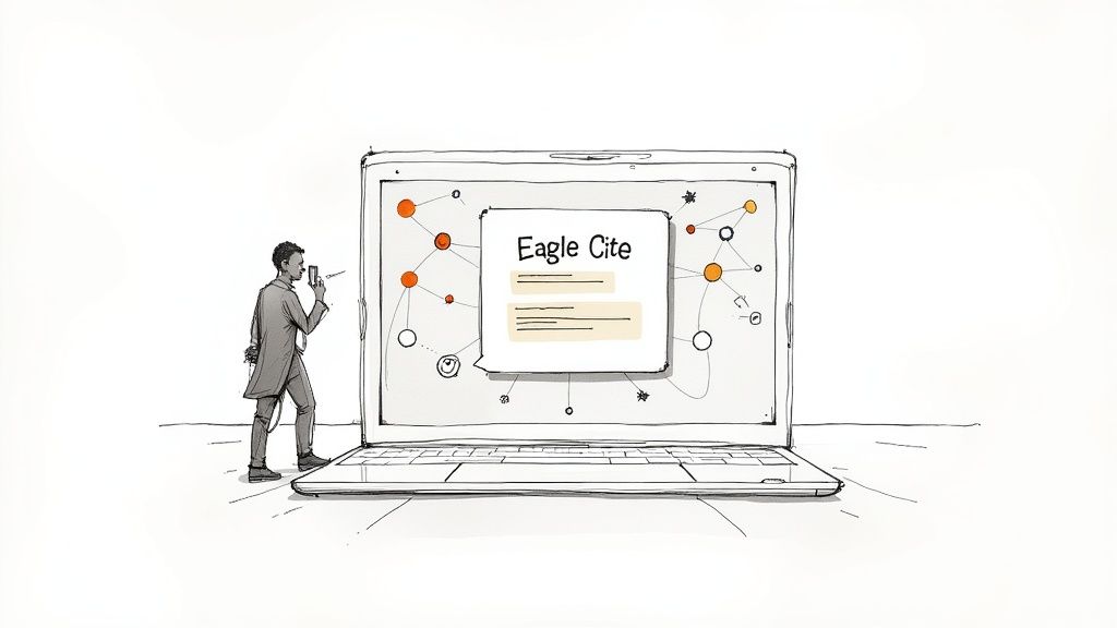 A researcher interacts with an AI-powered research hub on a sleek, modern interface.