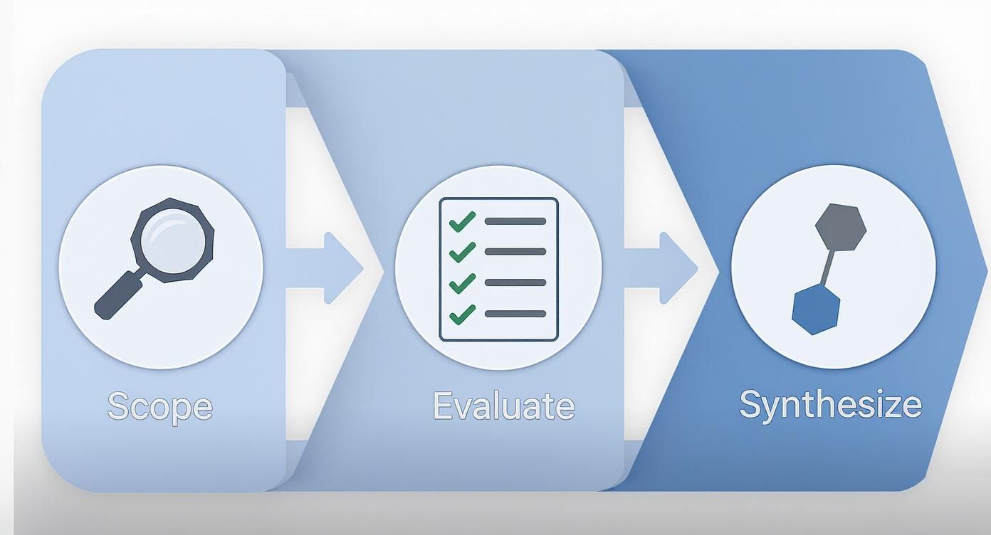 Infographic detailing the process of a literature search, showing steps for Scoping, Evaluating, and Synthesizing information