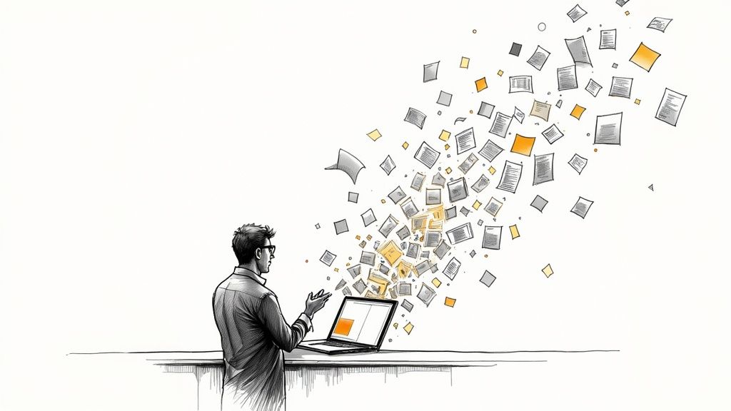 A researcher organizing digital files on a large screen, symbolizing the end of chaos.