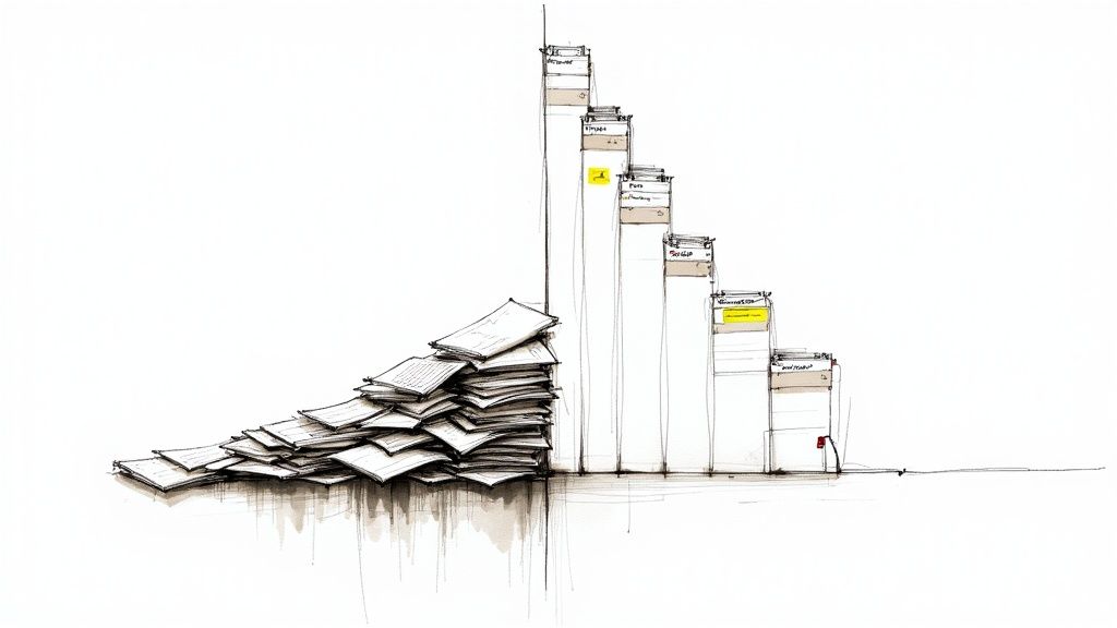 A researcher sitting at a desk with organized piles of papers and a laptop, looking focused.