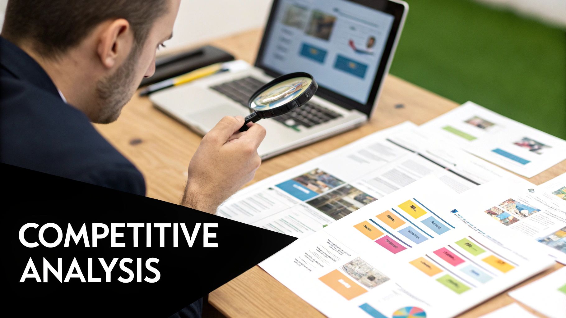 A person looking at a complex dashboard with charts and graphs, pointing to a specific insight.