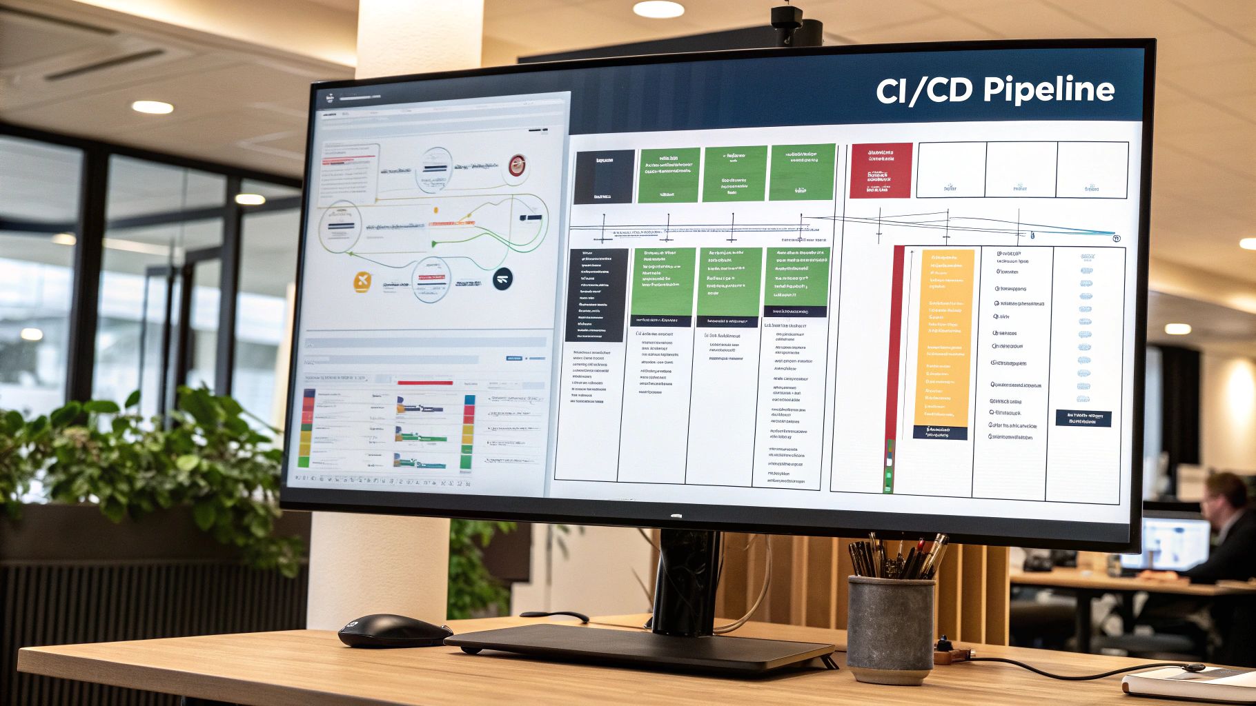 Infographic showing the stages of a CI/CD pipeline: Code, Build, Test, Release, Deploy, and Operate, with a feedback loop connecting Operate back to Code.
