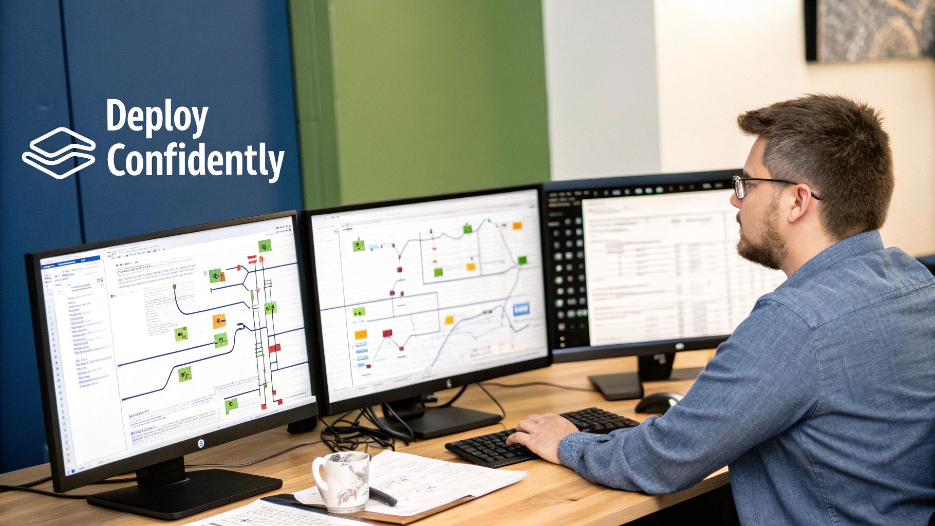 Engineers working collaboratively in a modern office with cloud-native diagrams in the background.