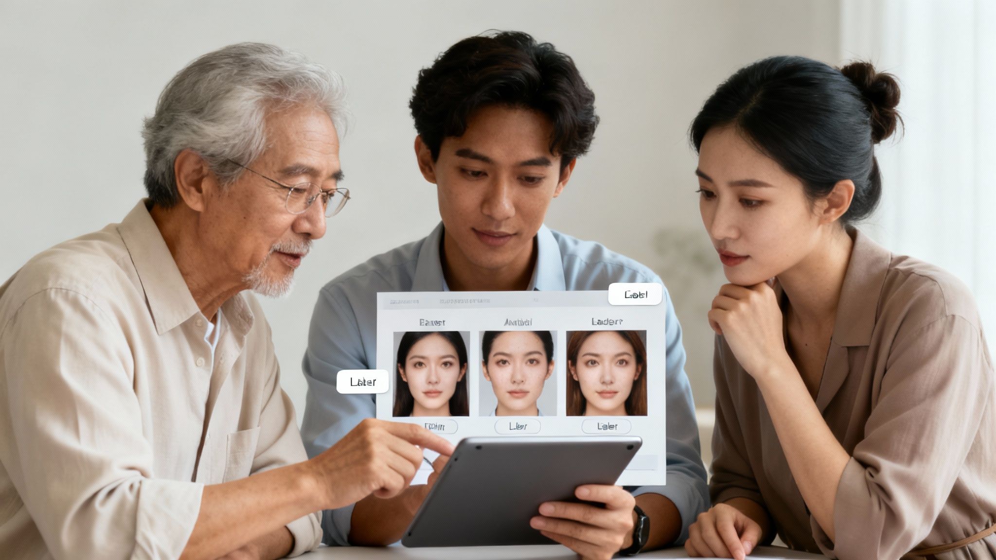 Three people, including an elderly man, discuss facial options displayed on a digital tablet.
