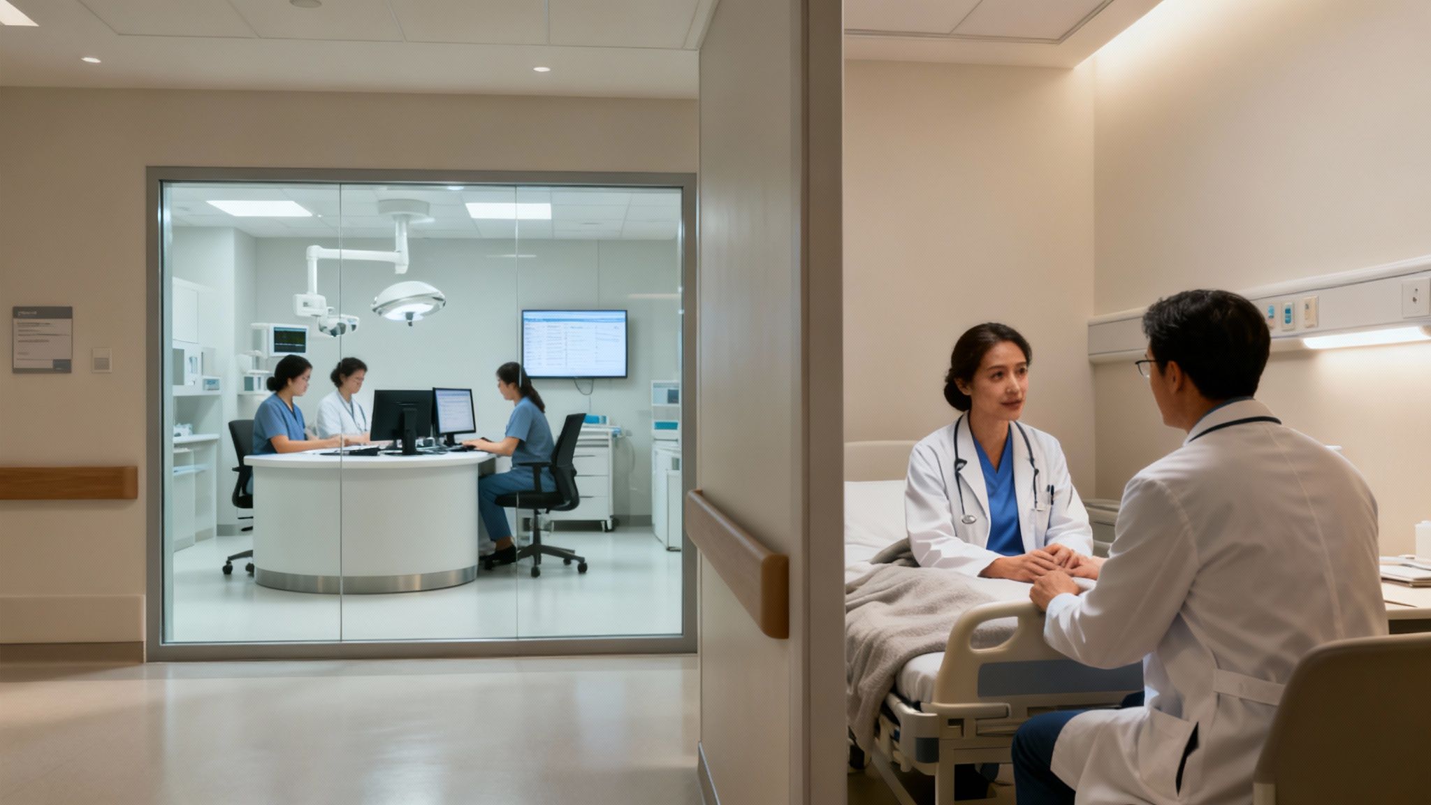 Doctors consult in a patient room, while medical professionals work at computers in a modern hospital.