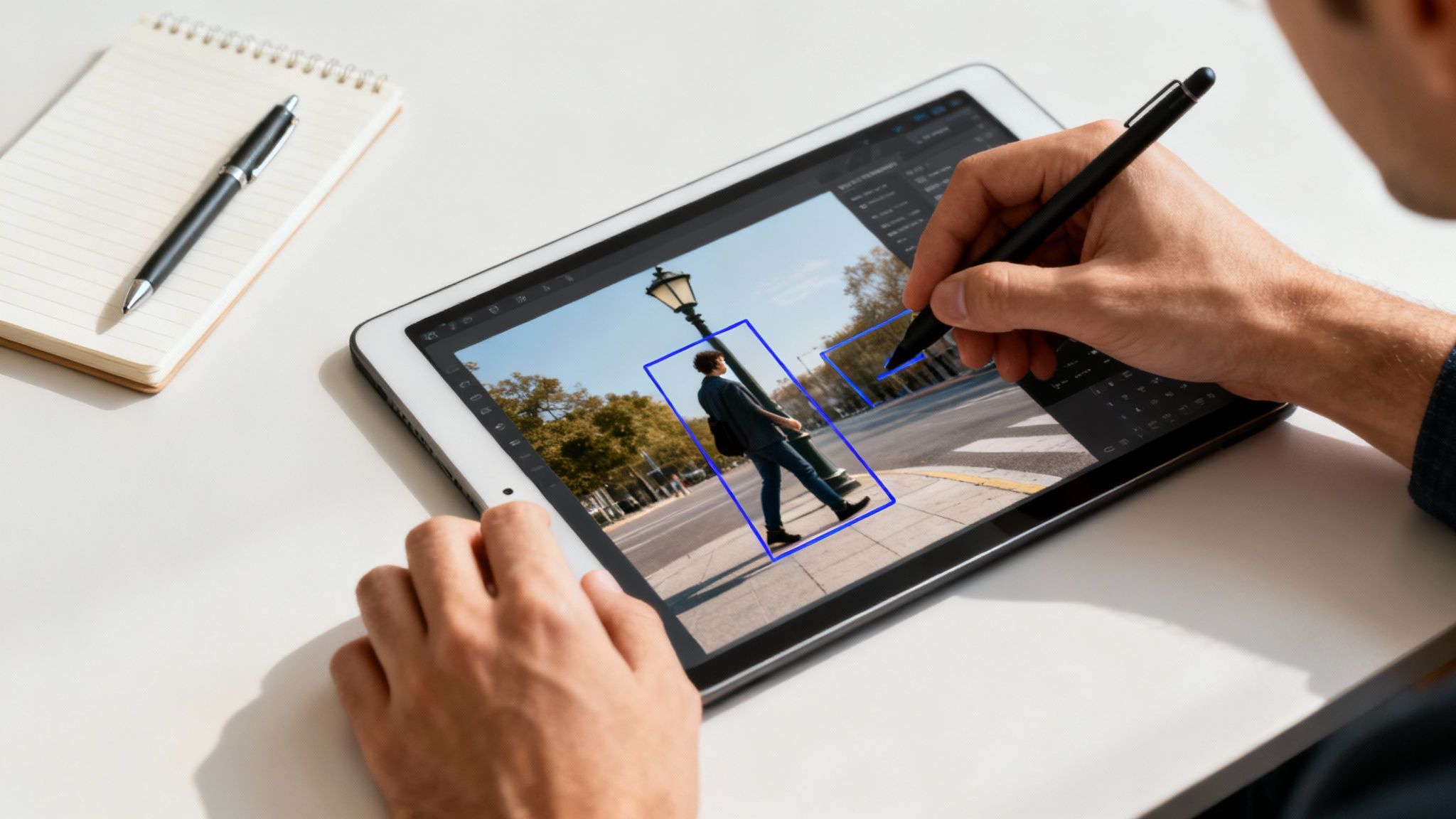 A person uses a stylus on a tablet to annotate an image of a pedestrian on a city street, with a notebook nearby.
