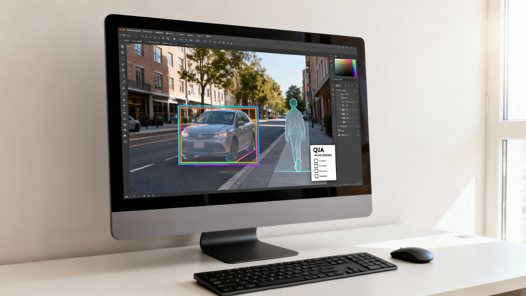 Desktop computer screen displaying AI-powered image analysis, with a car and pedestrian outlined for object detection.