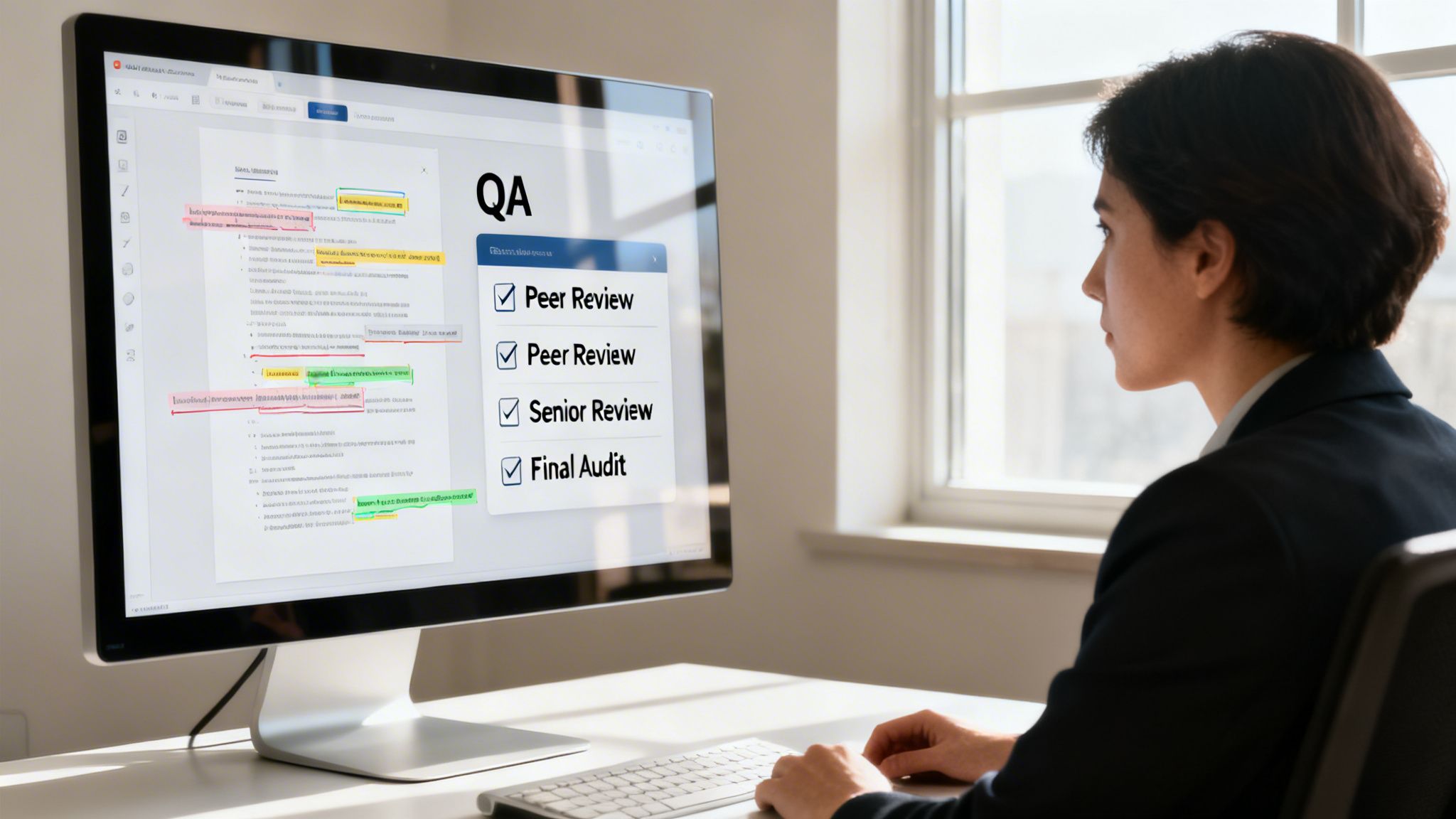 Woman reviewing a quality assurance checklist with checked steps on a computer screen at a desk.