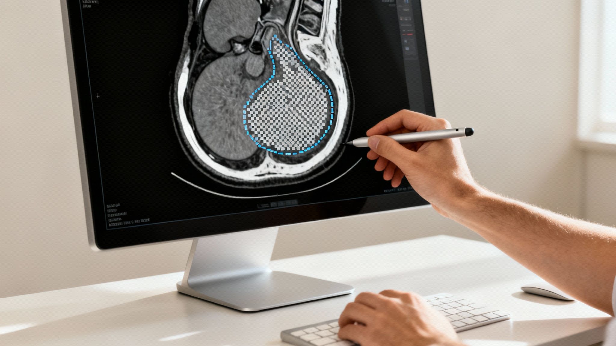 A person uses a stylus to outline a region on a medical scan displayed on a computer screen.