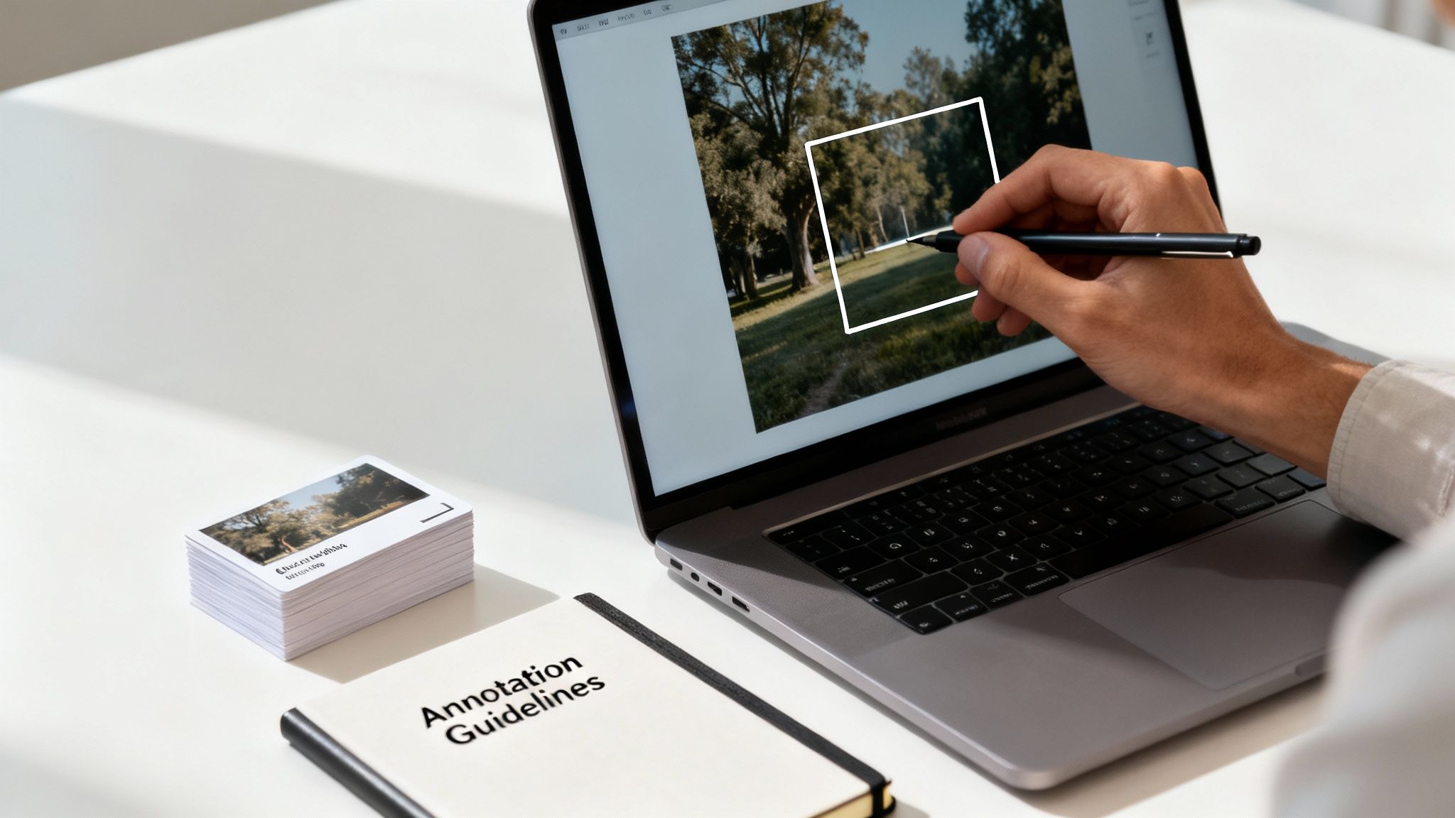 A person annotating an image of a park on a laptop screen with a stylus, alongside annotation guidelines.
