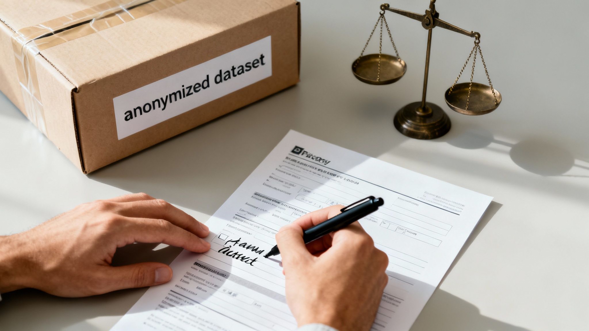 A balanced scale with a brain on one side and a shield on the other, symbolizing ethical AI and data privacy.