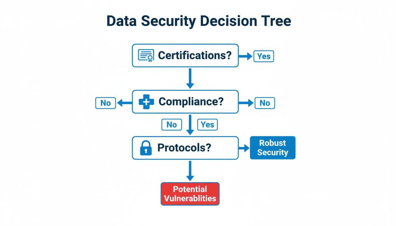 A data security decision tree flowchart, guiding through certifications, compliance, and protocols to robust security or potential vulnerabilities.