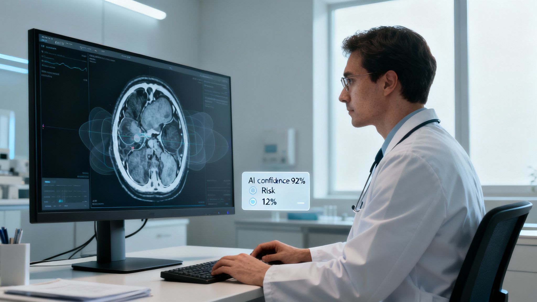 A doctor examines an AI-assisted brain scan on a monitor, showing AI confidence and risk percentage.