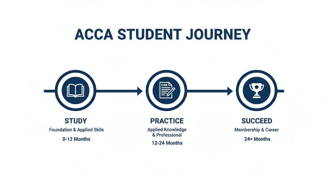 Infographic showing the three-step ACCA student journey with study, practice, and succeed phases and timelines.