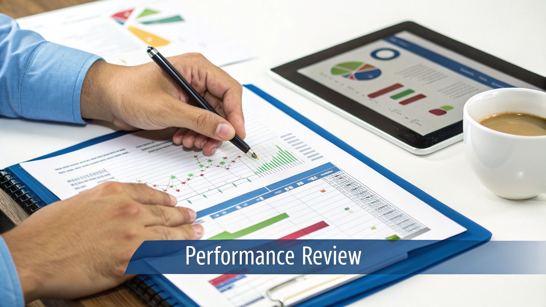Close-up of hands reviewing performance charts and graphs with a pen, next to a tablet and coffee.